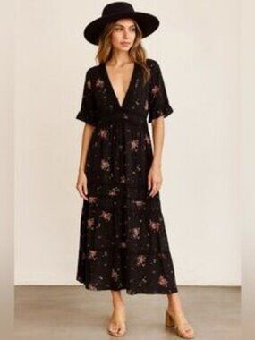 SHOW ME YOUR MUMU Black and Pink Floral Maxi Dress -Size M